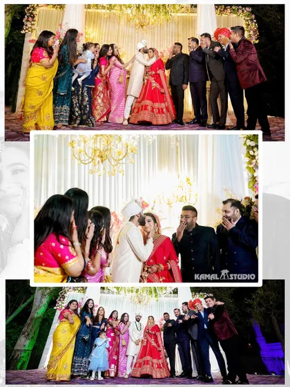 A collage of family and friends celebrating with the couple during the wedding ceremony.