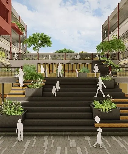 **School Design Proposal, Ahmedabad:** This view from the plaza looks up at the stepped plinth, which houses the library and play areas. The design creates a microcosm for learning, where the building itself becomes an educational tool.