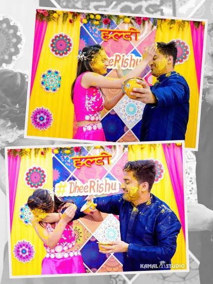 A playful diptych of the couple applying haldi to each other, a classic and fun moment.