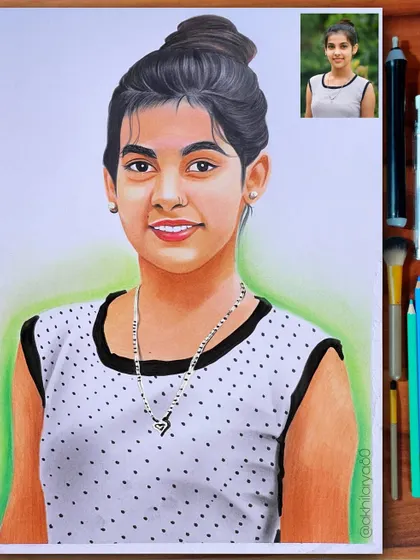 A lovely A4 colored pencil portrait with a soft green background. The simple setting helps to draw all the attention to her smiling face.
