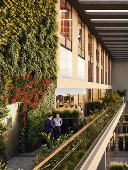 A closer look at the vertical gardens and landscaped terraces at the Narmada project. This design brings nature directly into the workspace, creating a healthier and more productive environment for users.