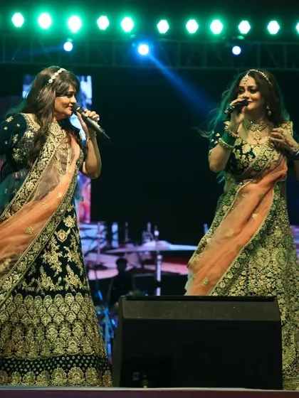 A full view of our elaborate lehengas for the Ashtami performance. The grand setting of Navratri calls for equally grand attire.