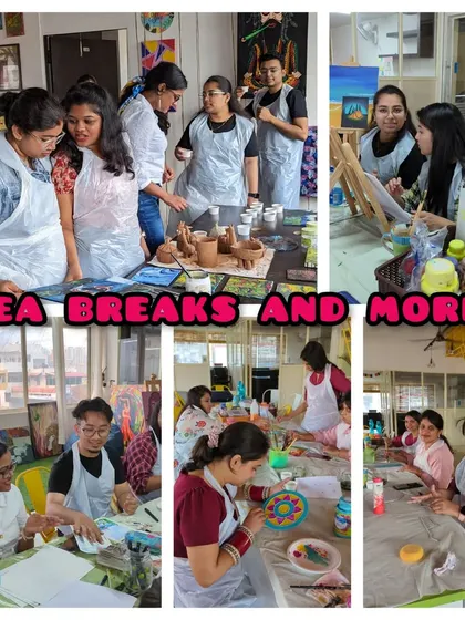 A collage capturing the lively atmosphere of our workshops, from tea breaks and chats to focused creative moments.