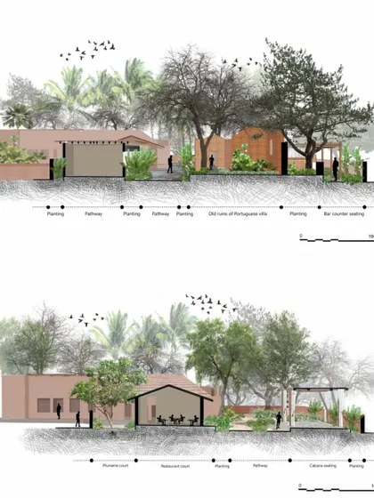 Architectural section drawings for the Sanctuary Bar & Kitchen project. These visuals illustrate how the new design elements were planned to integrate with the existing ruins and landscape.