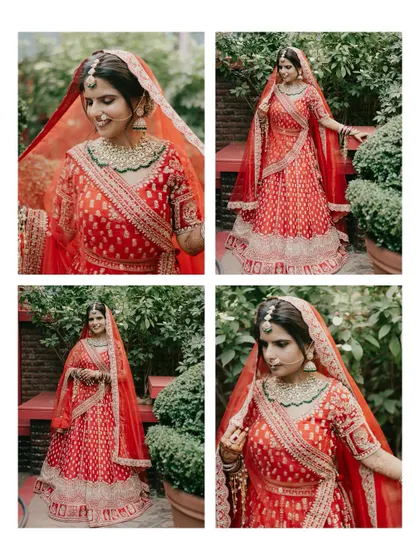 A collection of portraits showcasing the bride's beautiful red lehenga and her complete bridal look.