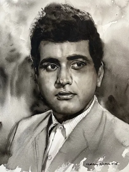 My tribute to the actor Manoj Kumar, known as 'Bharat Kumar'. This monochrome portrait was painted during a workshop to honor his legacy in Indian cinema.
