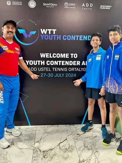 Coach Krunal Telang with our players Abhinav K Murthy and Reyansh Jalan at the WTT Youth Contender event in Almaty. It was a special moment as Abhinav represented India for the first time.