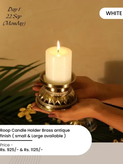 On the first day of Navratri, celebrating with the colour white, this Roop candle holder in a brass antique finish adds a pure and simple glow.