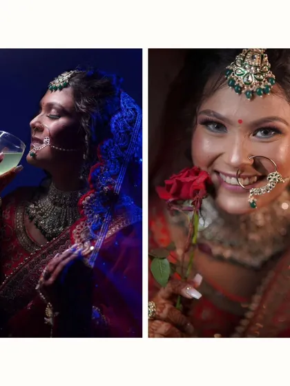 A creative diptych of the bride. One side shows her in a moment of fun, while the other is a classic smiling portrait, capturing the different moods of the celebration.
