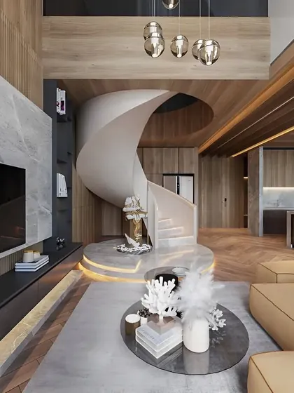 This luxurious living room design features a stunning spiral staircase as its centerpiece. We complemented it with a sleek, wall-mounted media unit and wood-paneled walls to create a warm, modern, and architecturally impressive space.