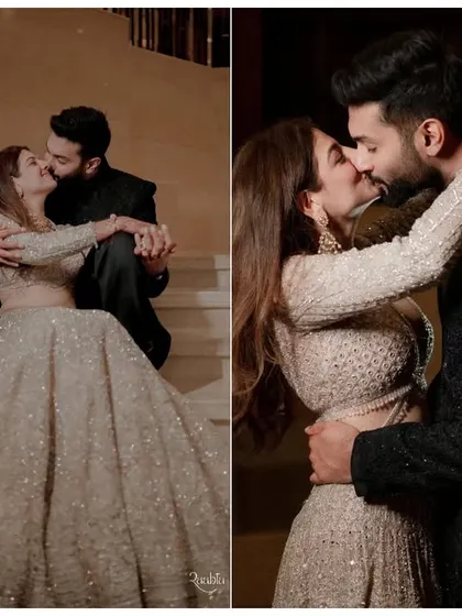 A romantic diptych of Aakruti and Siddhant, capturing them in intimate embraces on a staircase.