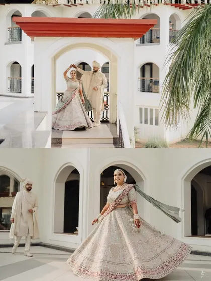 A collage of the couple dancing and twirling in a beautiful white-arched courtyard, showcasing their joy and elegant attire.