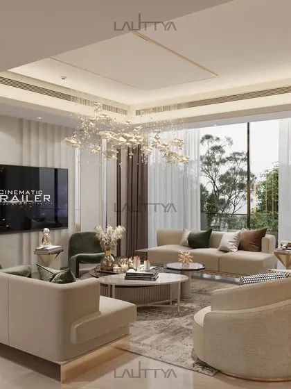 This angle showcases the connection to the outdoors, with large glass windows flooding the space with natural light. The furniture layout is kept open and airy, complementing the expansive view and creating a serene atmosphere.