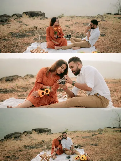 A collage of a romantic picnic-themed pre-wedding shoot, complete with sunflowers and a vintage camera prop.
