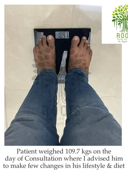 The first consultation is a crucial step. This client weighed 109.7 kgs when we started. We began with a few key changes to his diet and daily routine.