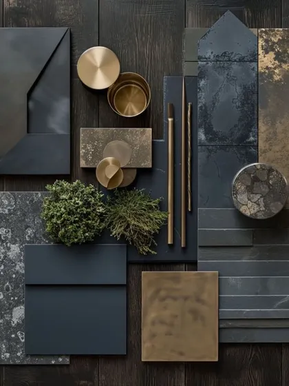 Dive into the world of opulence with our Luxury Navy Blue Mood Board. This flat-lay shows how we combine rich textures like dark stone, brushed brass, and deep blue surfaces to help you create a haven of elegance.