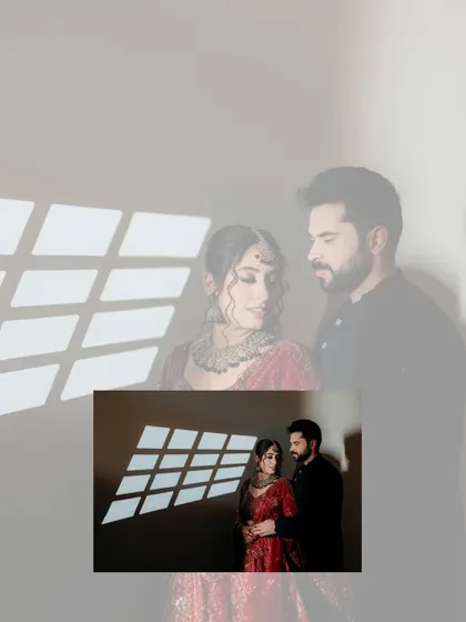 An artistic double-exposure portrait, blending a close-up with a wider shot. This creative technique adds a layer of depth and dreaminess to their engagement story.