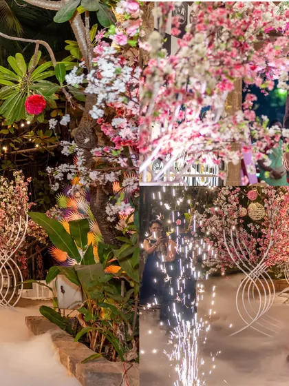 A collage showing the beautiful cherry blossom decor and the couple's dance amidst sparklers at their reception.