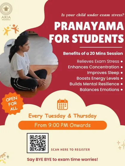 Is your child under exam stress? This flyer details our Pranayama for Students sessions, designed to relieve stress, enhance concentration, and balance emotions.