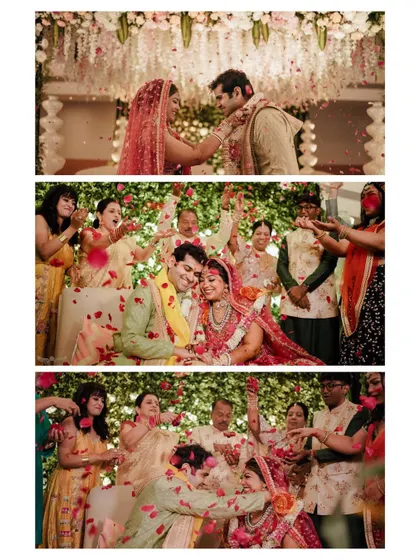 A collage of pure celebration. It captures the varmala, the couple being showered with petals by their family, and their joyful expressions throughout the ceremony.
