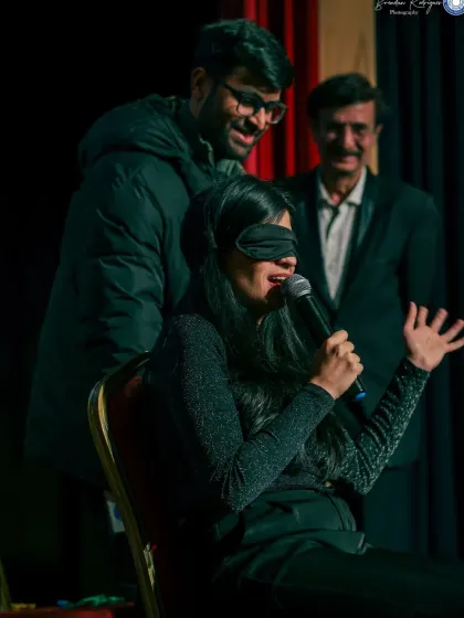 A close-up of me during the blindfold act. Even with my eyes completely covered, I'm using my other senses and my telepathic link to perceive what's happening around me.