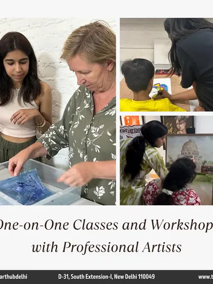 My one-on-one classes and workshops are led by professional artists. This collage shows students of different ages learning various techniques like printmaking and painting.