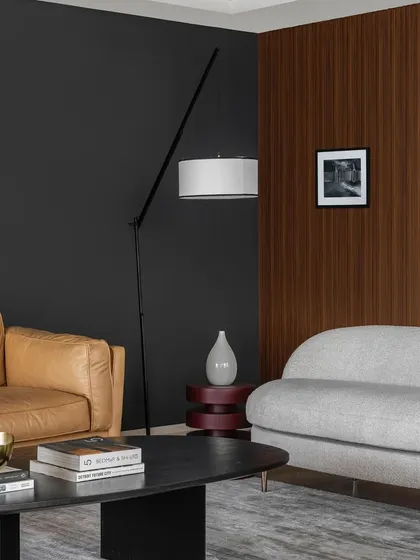 A corner of the living room in Apartment 1600, featuring a mix of leather and fabric sofas against a dark, moody wall.
