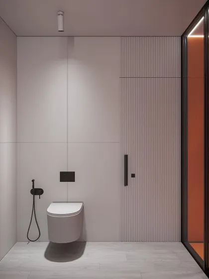The minimalist toilet area in our bathroom concept, featuring a wall-mounted WC and fluted paneling on the door.