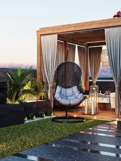A 3D render of a serene terrace garden, designed as a perfect outdoor retreat. This visualization showcases how elements like a wooden pergola, ambient lighting, a water feature, and lush greenery can transform an open space.