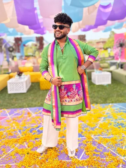 A full-length shot of my colorful Maharashtrian wedding attire.