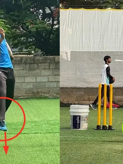 The correction in this left arm spinner's finish is clear here. A better stride alignment naturally leads to a more controlled and effective follow-through.