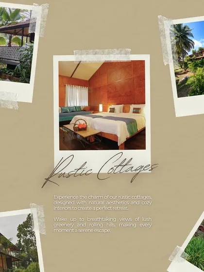 A collage of our rustic cottages, showcasing their natural aesthetics and cozy interiors that create a perfect, serene escape.
