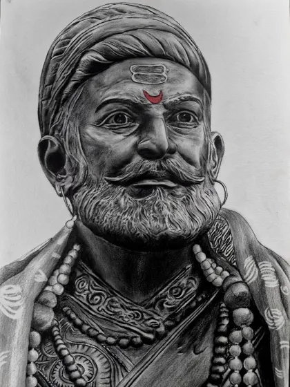 This is my pencil and charcoal portrait of Chhatrapati Shivaji Maharaj. I focused on creating a realistic sketch that captures his strength and vision, paying close attention to the details in his expression and the texture of his attire. A touch of color on the tilak completes the piece.