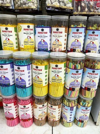 My exclusive Dogstar crispy sticks and biscuits are a huge hit. They come in five tasty flavors, including Chicken, Banana & Chicken, and Strawberry & Chicken.