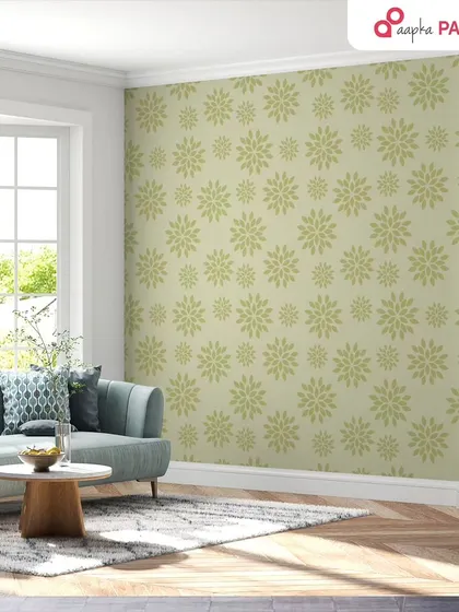 This living room features a subtle floral pattern stencil on a light green accent wall, bringing a touch of nature indoors in a very gentle way.