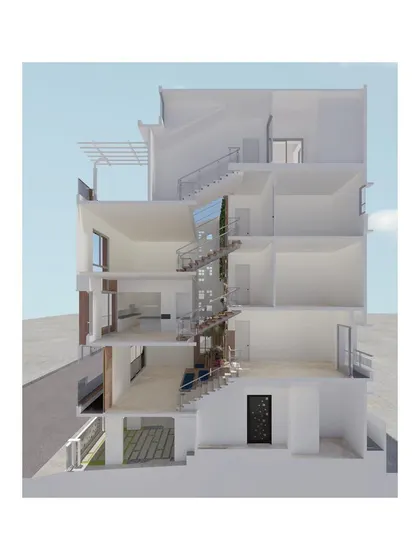 This 3D sectional model of the Tiwari Residence illustrates our capability in handling complex architectural projects. We designed this as a split-level house based on Vaastu principles, with a central courtyard that integrates various living spaces across different levels, ensuring both functionality and spiritual harmony.