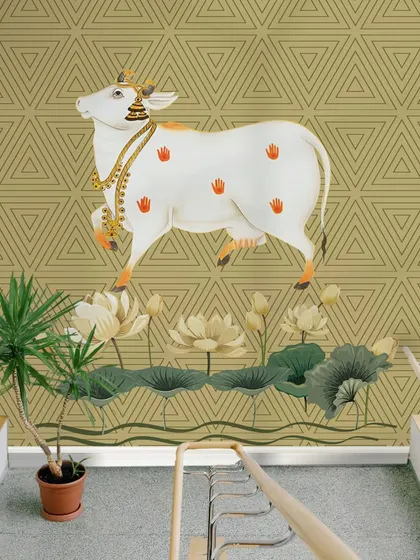 A staircase adorned with our Sacred Indian Traditional Pichwai Cow wallpaper becomes a journey through Indian heritage. The design adds a unique and artistic element to the home’s architecture.