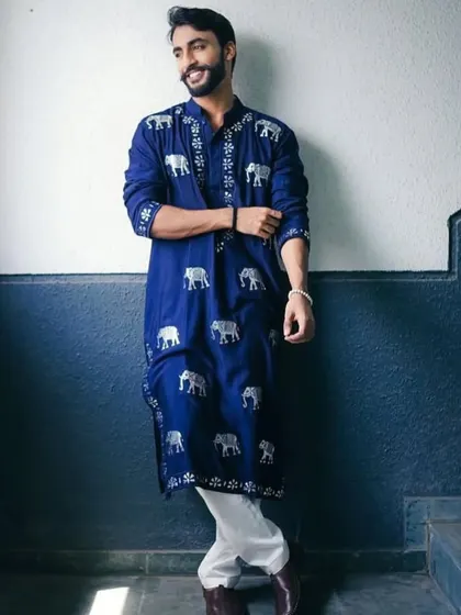 The full view of the elephant motif kurta, a playful yet stylish design.