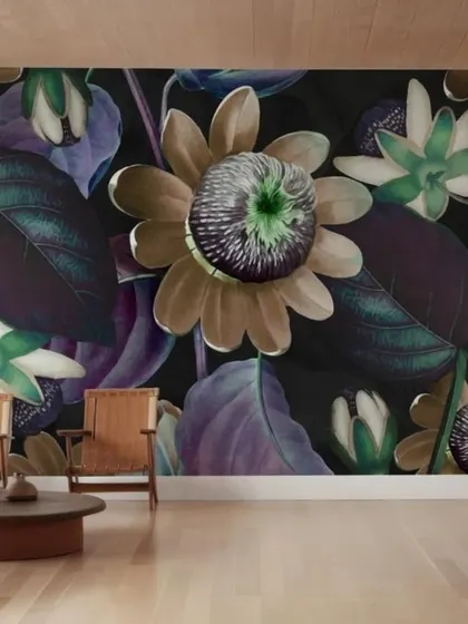 A dark, dramatic floral wallpaper featuring oversized, imaginative blooms. The deep purples and greens create a luxurious and artistic feel, perfect for a high-end boutique or lounge.