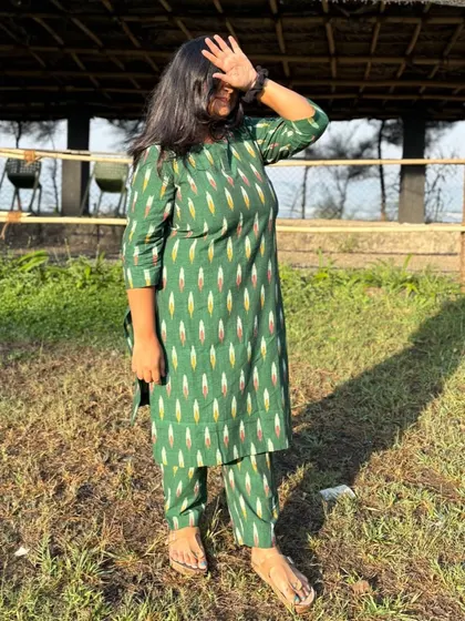 Grace, style, and confidence all wrapped up in our bestseller green Ikat kurta co-ords. Our client is simply stunning.