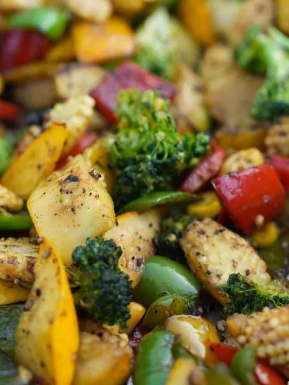 A collage of our colorful stir fried vegetables, highlighting the fresh and vibrant ingredients we use.