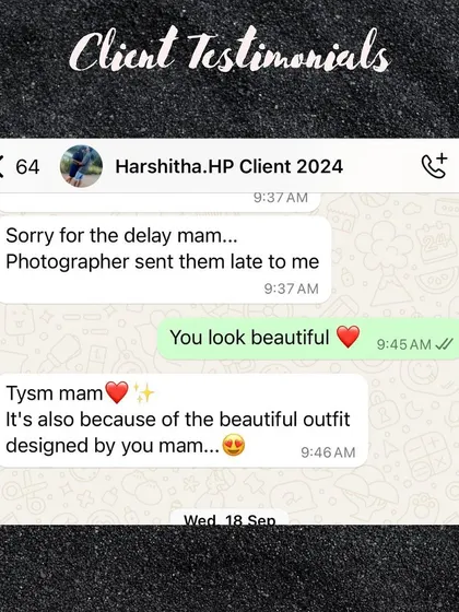 "It's also because of the beautiful outfit designed by you mam." My client Harshitha looking absolutely stunning. It's a team effort, and I'm so glad I could contribute to her beautiful look.