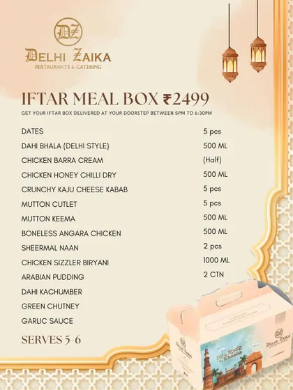 Here is the detailed menu for my Iftar Meal Box. It lists all the delicious items included, from starters like Dahi Bhalla to mains like Boneless Angara Chicken and Mutton Keema, ensuring you know exactly what your feast contains.