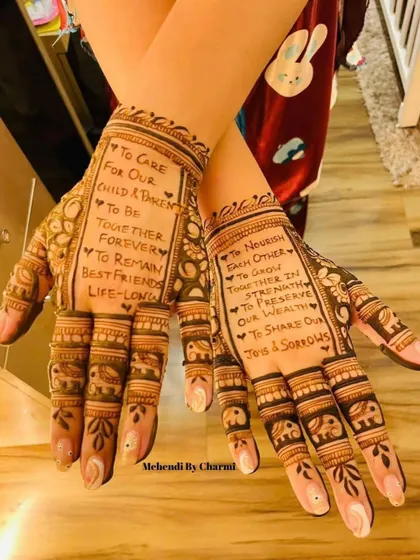 A design featuring wedding vows written on the palm, a truly unique and personal touch.