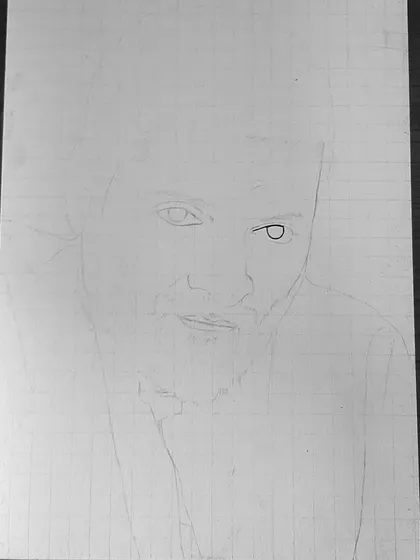 The 90-hour process of creating the Guddu Pandit portrait. These images show the careful layering of charcoal and graphite to achieve the intense, gritty look.