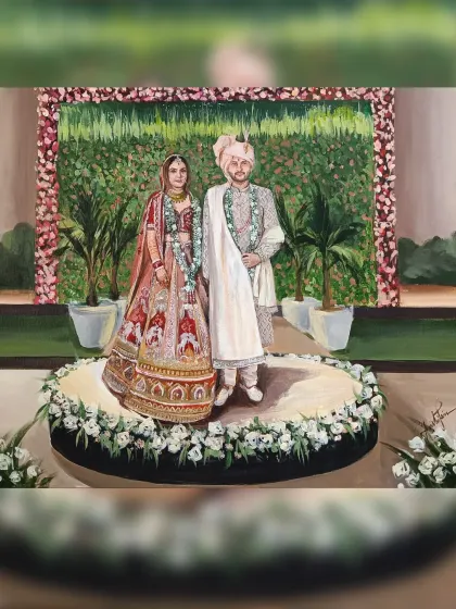A unique circular stage decorated with flowers provides a beautiful frame for this couple. This finished painting showcases how I adapt my composition to the specific stage design of your event.