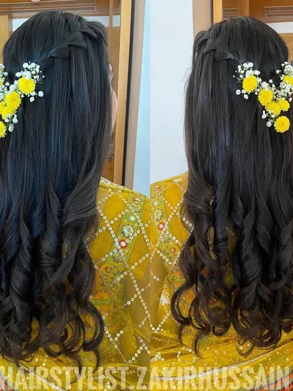 A collage showing the Haldi hairstyle with yellow flowers from different angles.