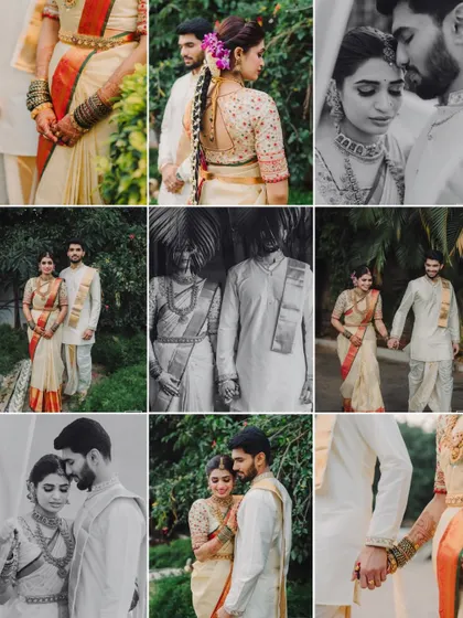 A beautiful collage showcasing various couple portraits from the same wedding. It highlights different angles, moods, and details, from close-ups to full-length shots.