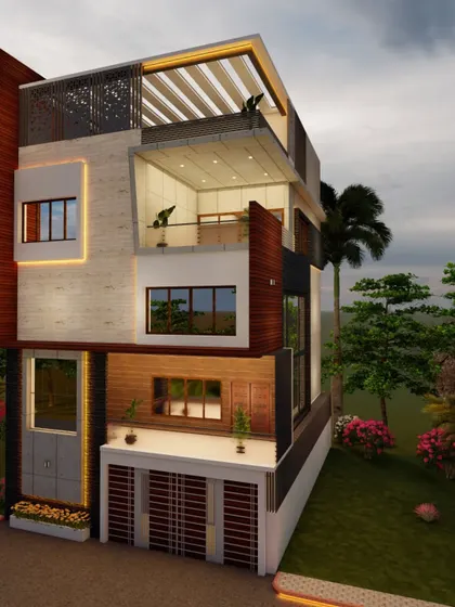A side view of the same concept, showing the depth of the window frames and the texture of the materials.