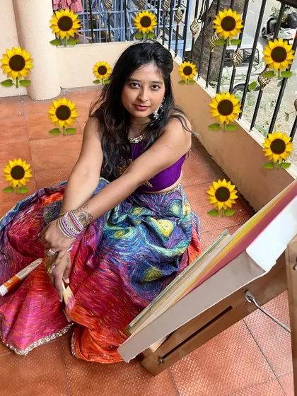 Posing with my finished artwork. This custom painted lehenga is a perfect example of how we can incorporate your favorite artist, color palette, or theme into a stunning piece of bridal wear.